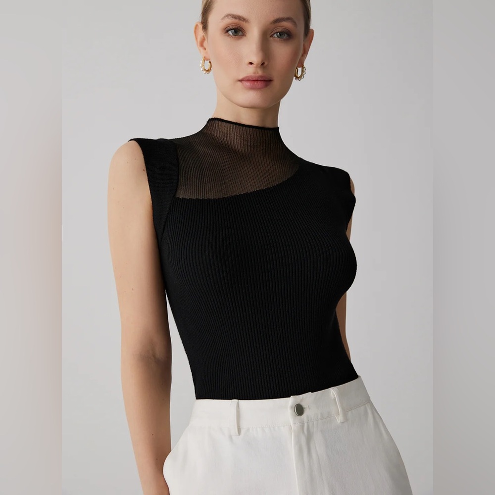 Commense Black Sleeveless Sheer-Neck Ribbed Top